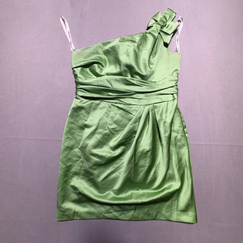 Davids Bridal One Shoulder Satin Cocktail Dress Green Bow Ruched 14 84333-16